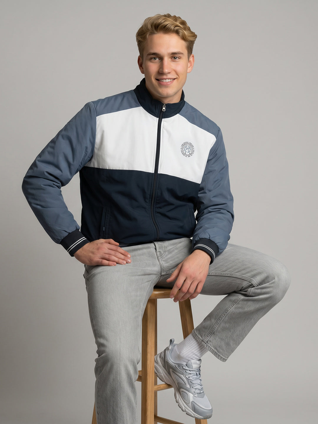 Men Navy Blue Solid Turtle Neck Full Sleeve Bomber Jacket