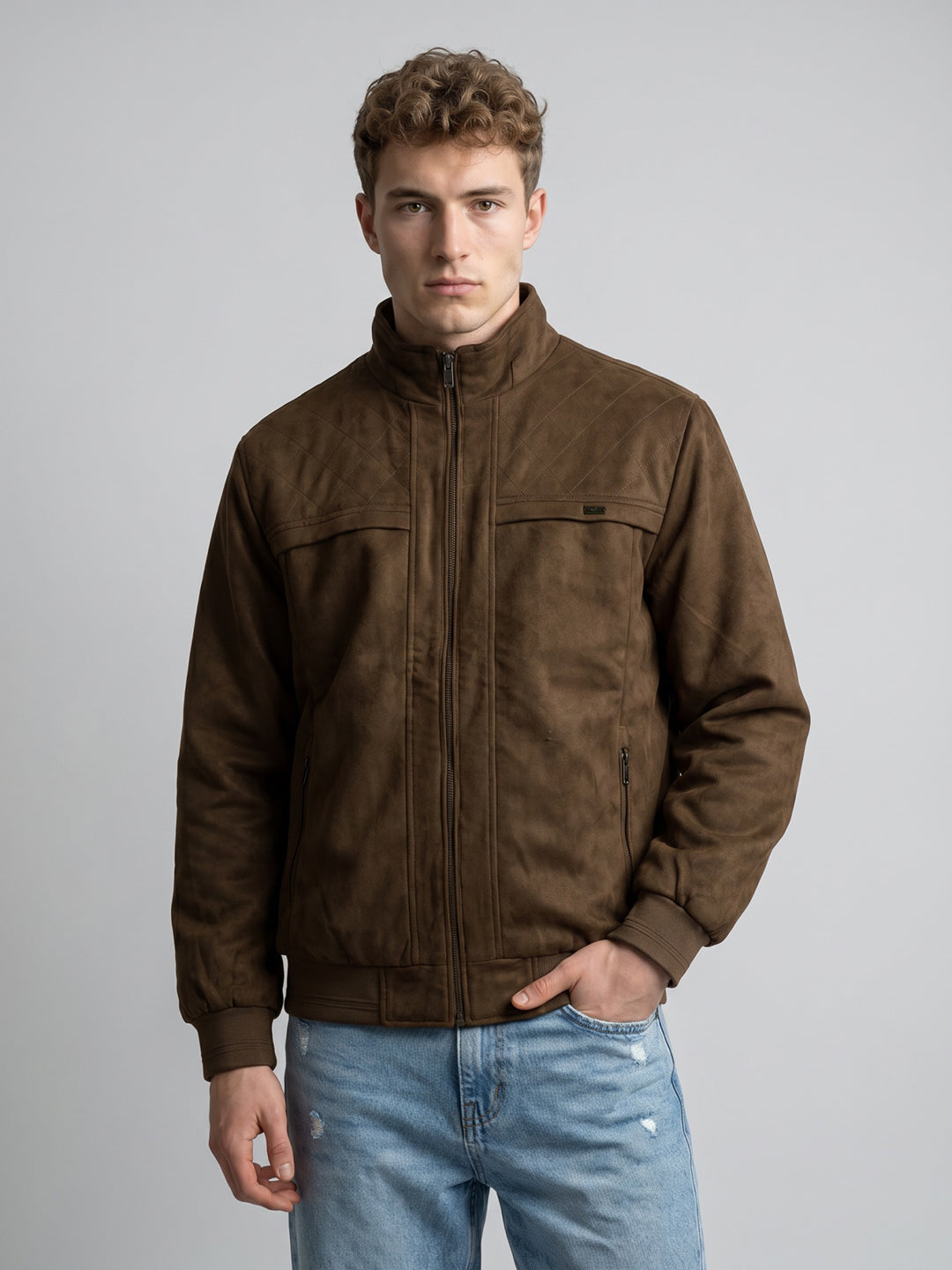 Men Brown Solid Collar Full Sleeve Bomber Jacket