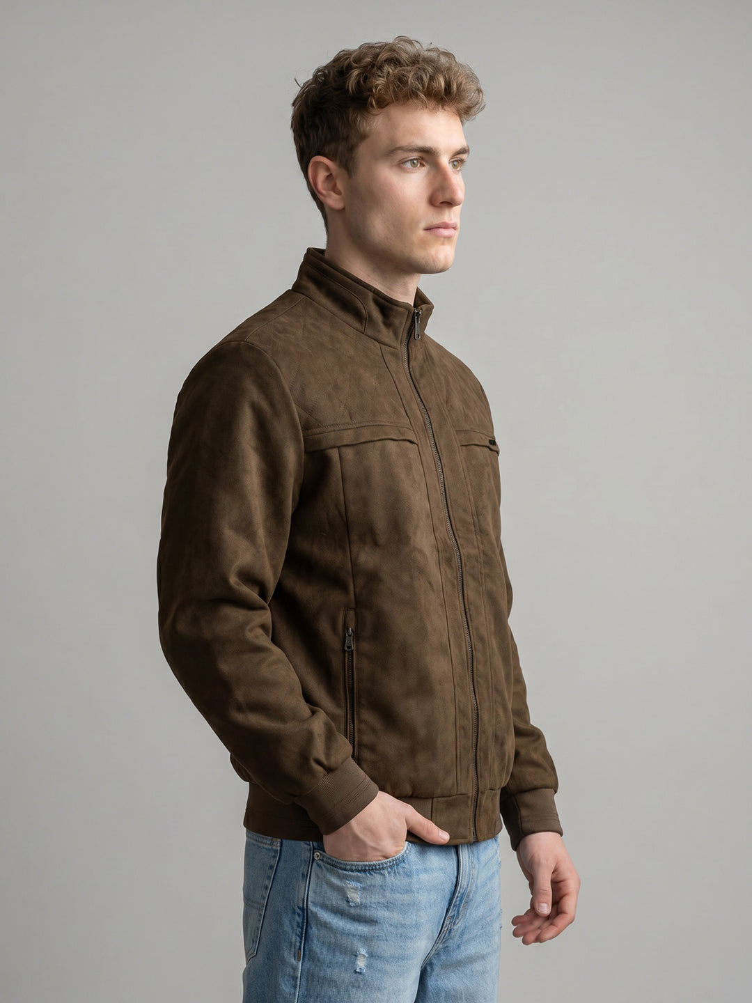 Men Brown Solid Collar Full Sleeve Bomber Jacket