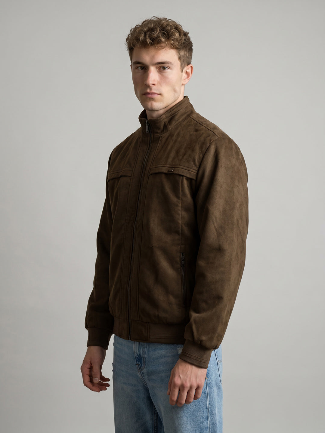 Men Brown Solid Collar Full Sleeve Bomber Jacket