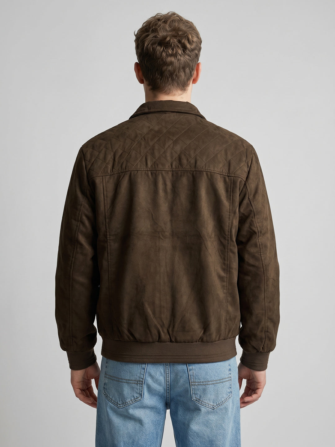 Men Brown Solid Collar Full Sleeve Bomber Jacket