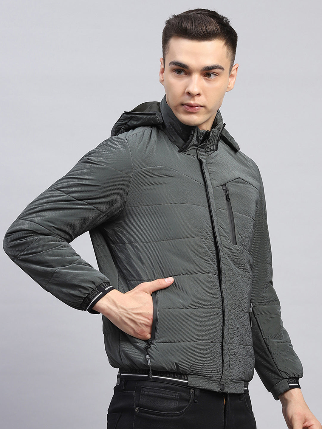 Men Olive Self Design Detachable Hood Full Sleeve Jacket