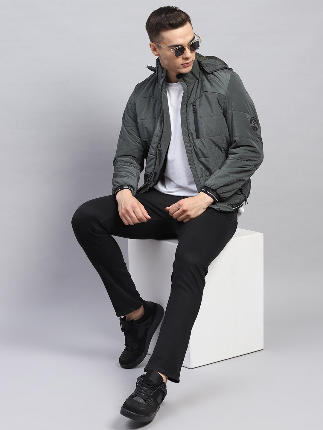 Men Olive Self Design Detachable Hood Full Sleeve Jacket