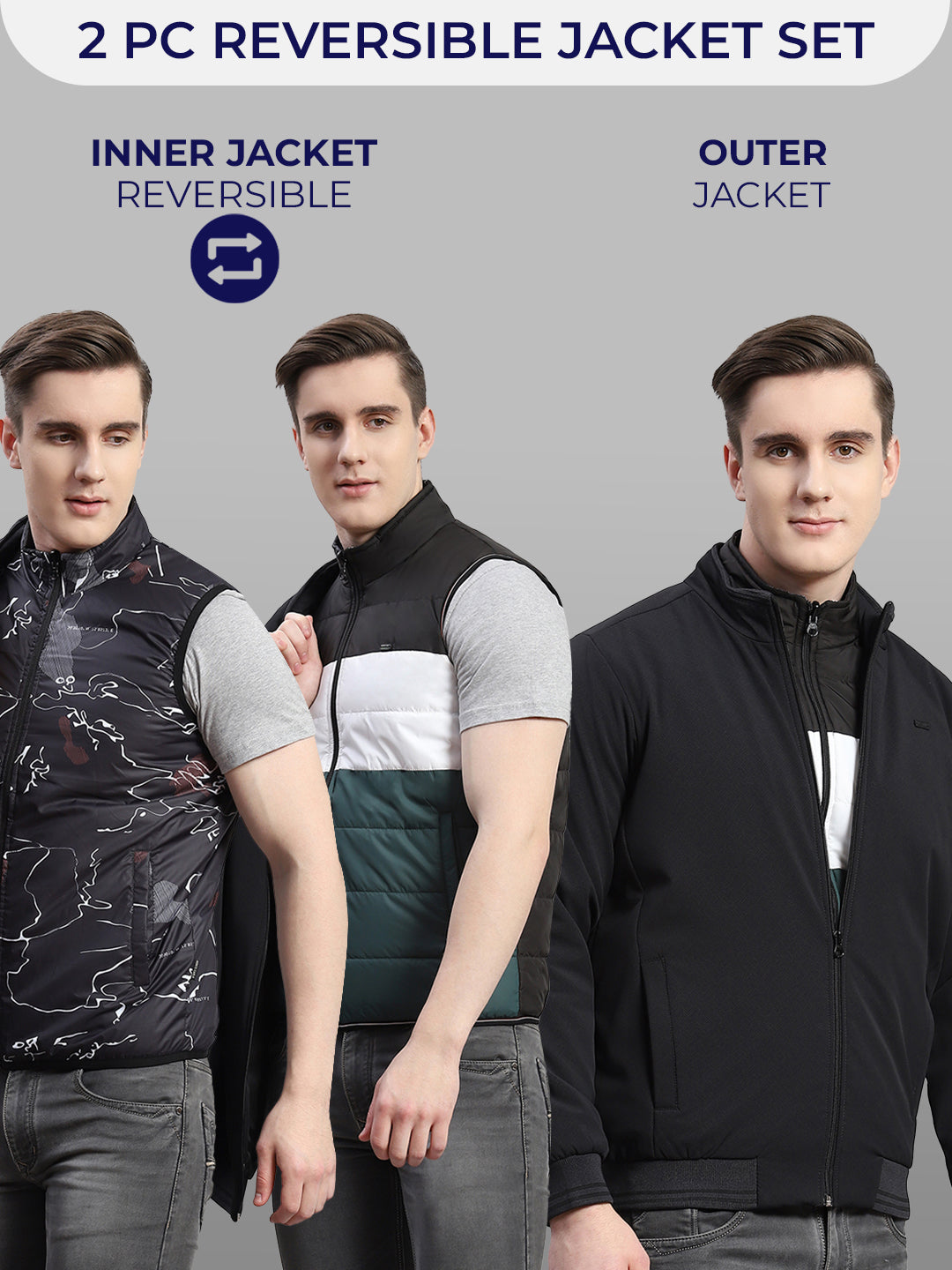 Buy Men Black Solid Stand Collar Full Sleeve Reversible Jacket - 2