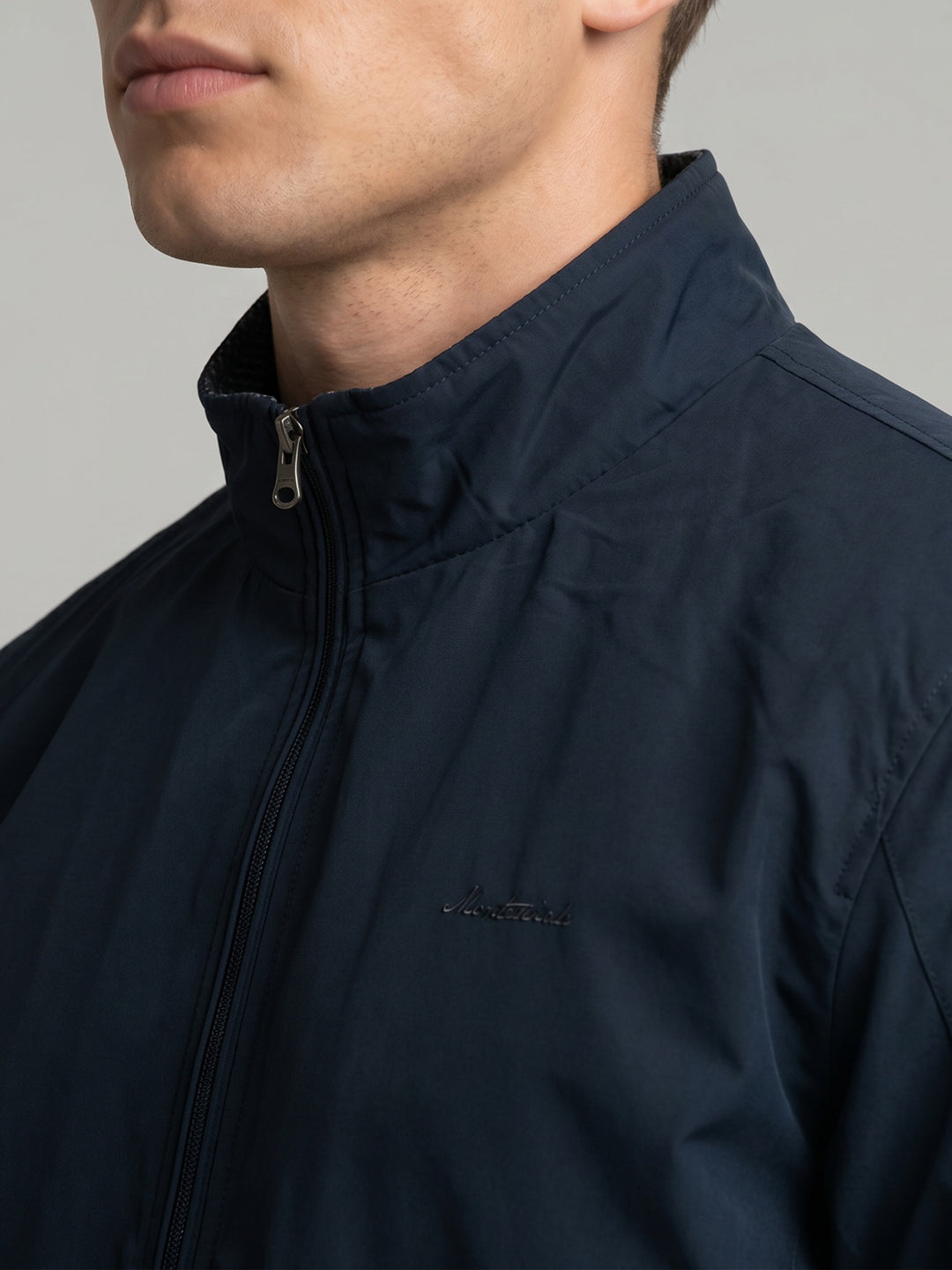 Men Navy Blue Solid Collar Full Sleeve Reversible Jacket