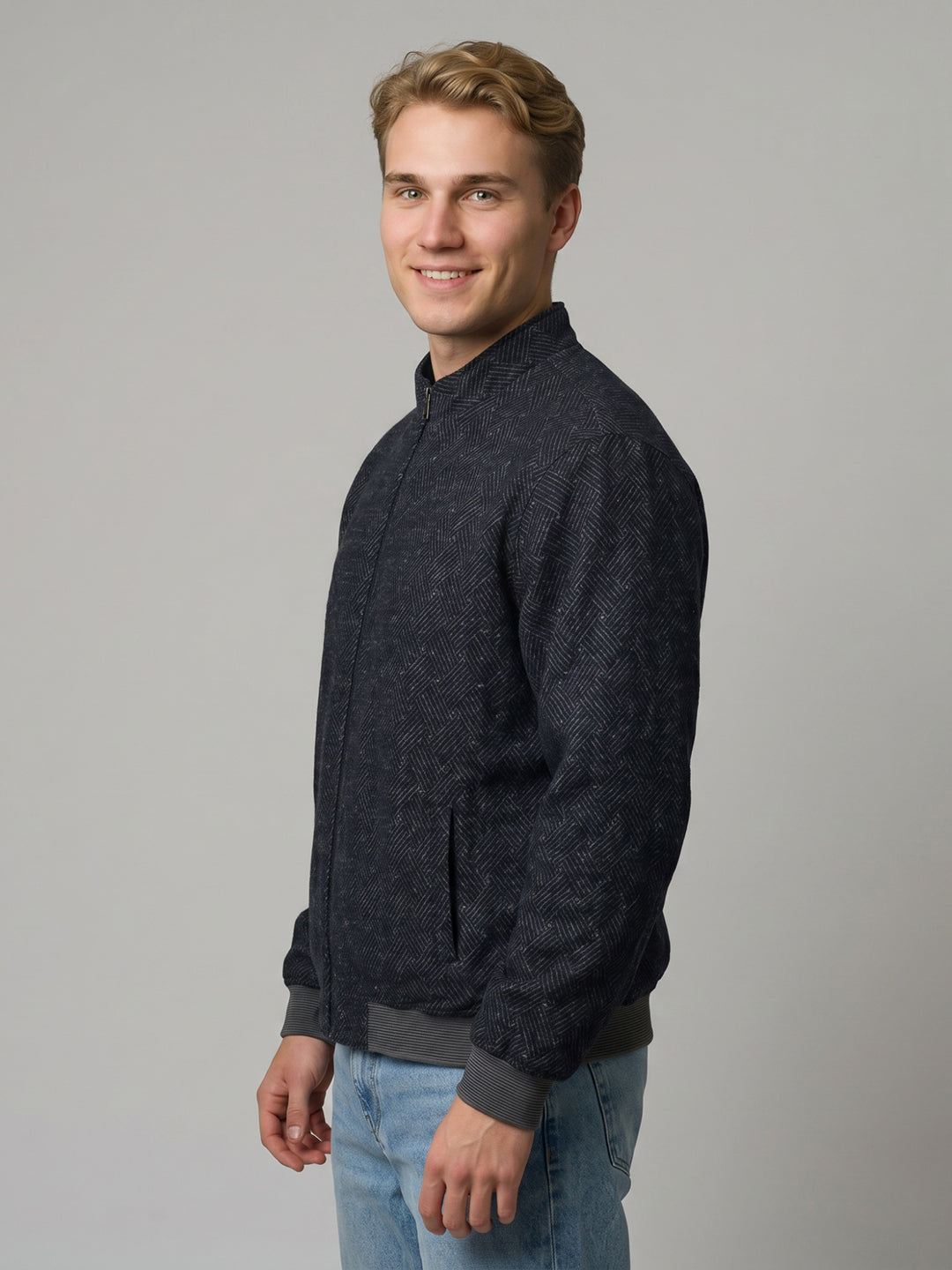Men Navy Blue Solid Collar Full Sleeve Reversible Jacket