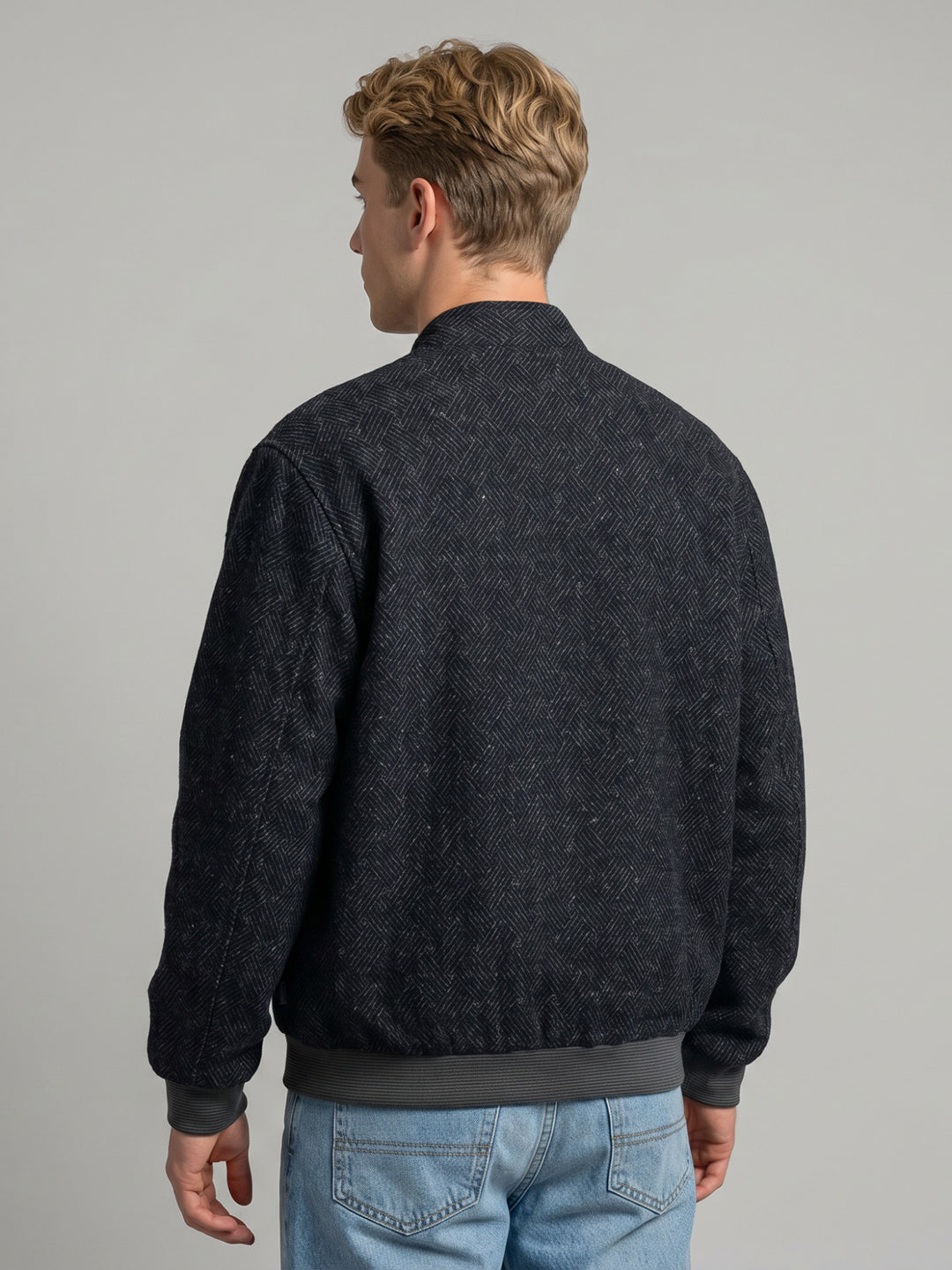 Men Navy Blue Solid Collar Full Sleeve Reversible Jacket