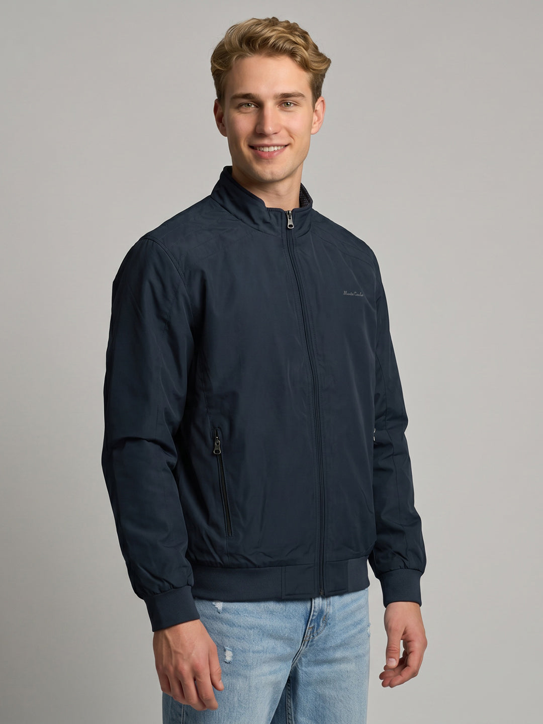 Men Navy Blue Solid Collar Full Sleeve Reversible Jacket