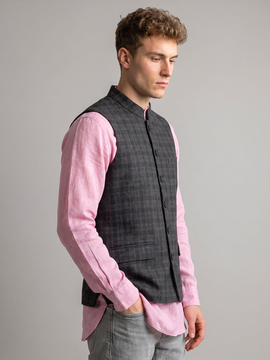 Men Grey Check Mandarin Collar Sleeveless Coat
