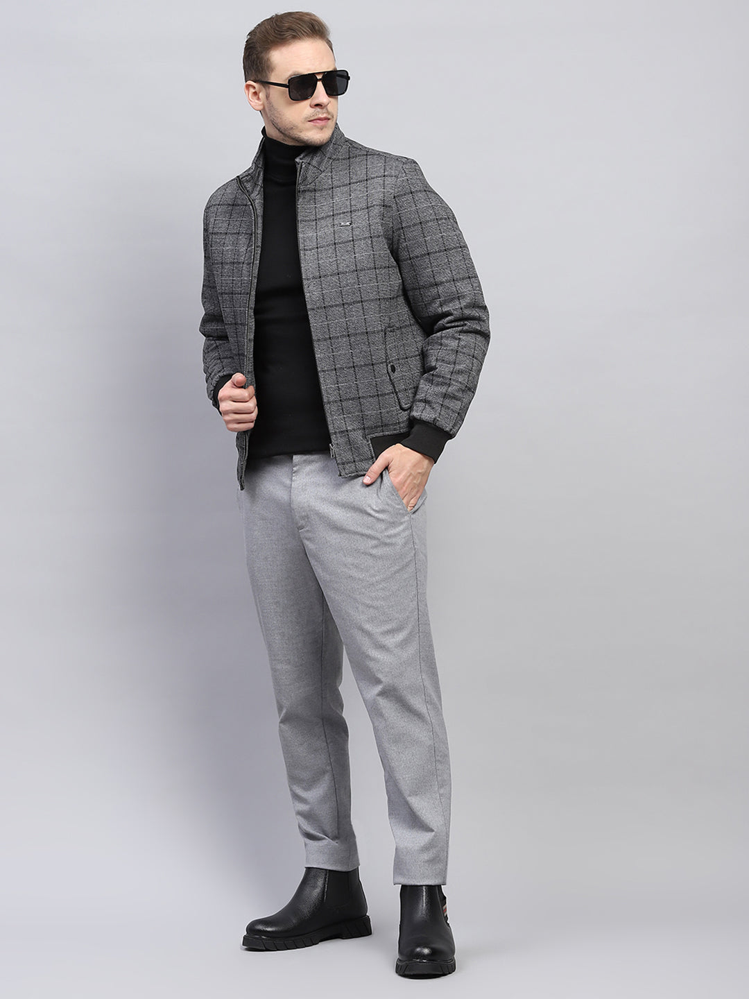 Men Grey Check Mock Neck Full Sleeve Coat
