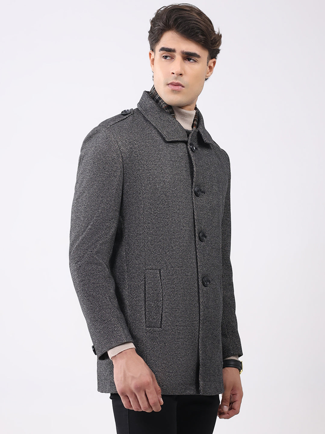 Men Charcoal Self Design Collar Full Sleeve Coat