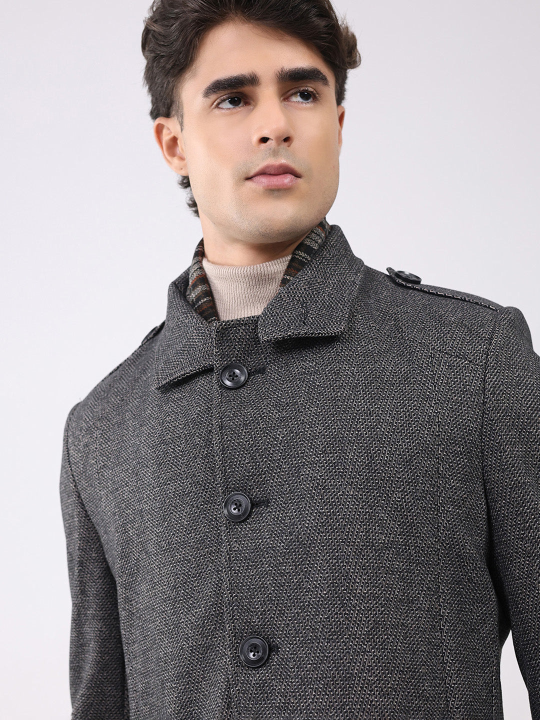 Men Charcoal Self Design Collar Full Sleeve Coat