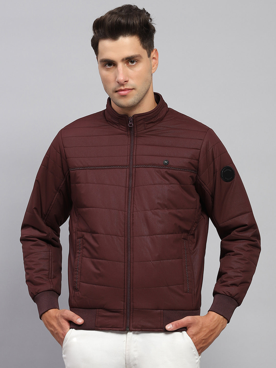 Men Maroon Solid Mock Neck Full Sleeve Jacket