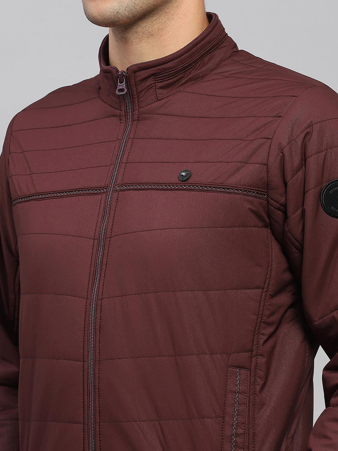Men Maroon Solid Mock Neck Full Sleeve Jacket