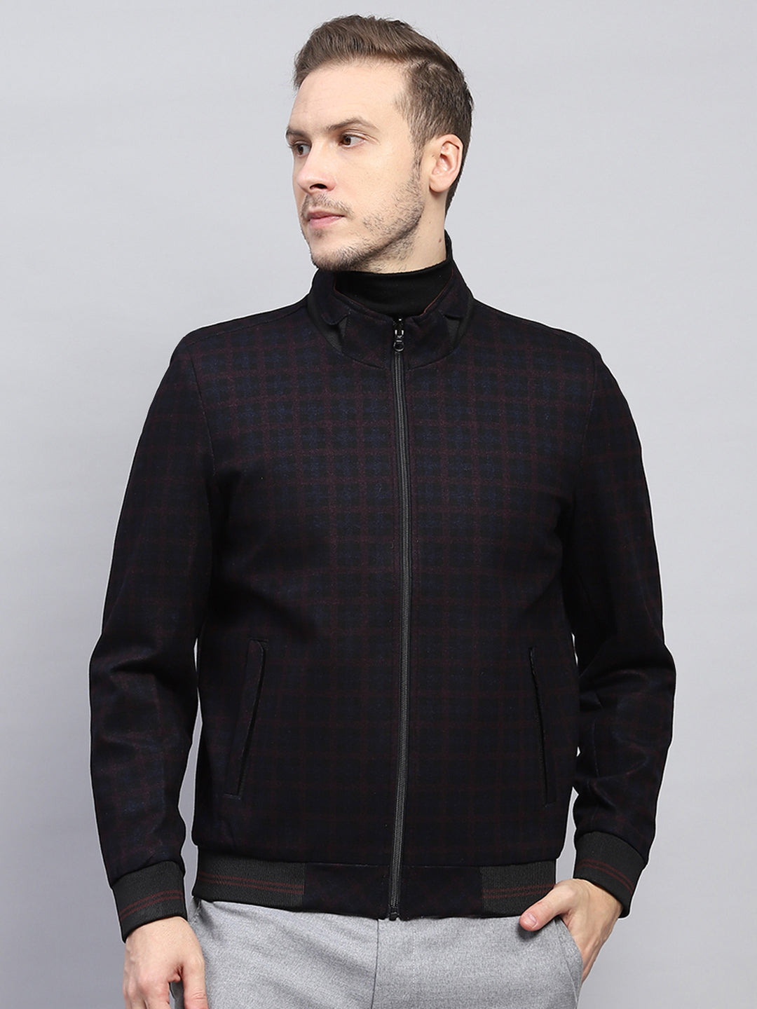 Men Maroon & Black Check Mock Neck Full Sleeve Jacket