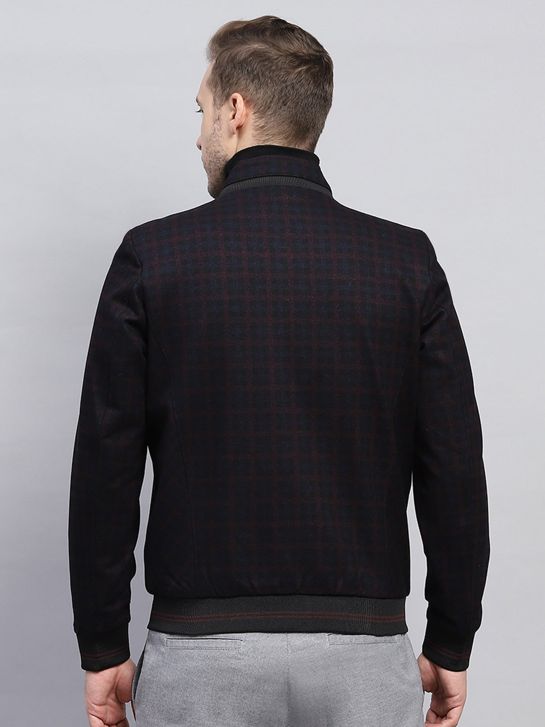 Men Maroon & Black Check Mock Neck Full Sleeve Jacket