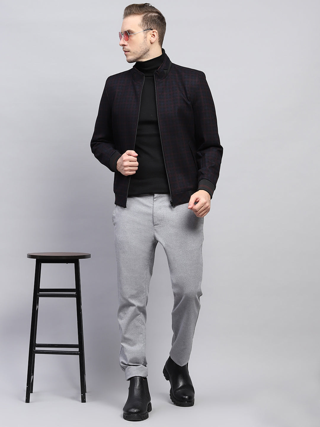 Men Maroon & Black Check Mock Neck Full Sleeve Jacket