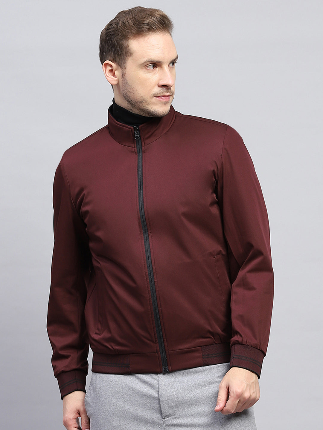 Buy Men Maroon Black Check Mock Neck Full Sleeve Jacket Online