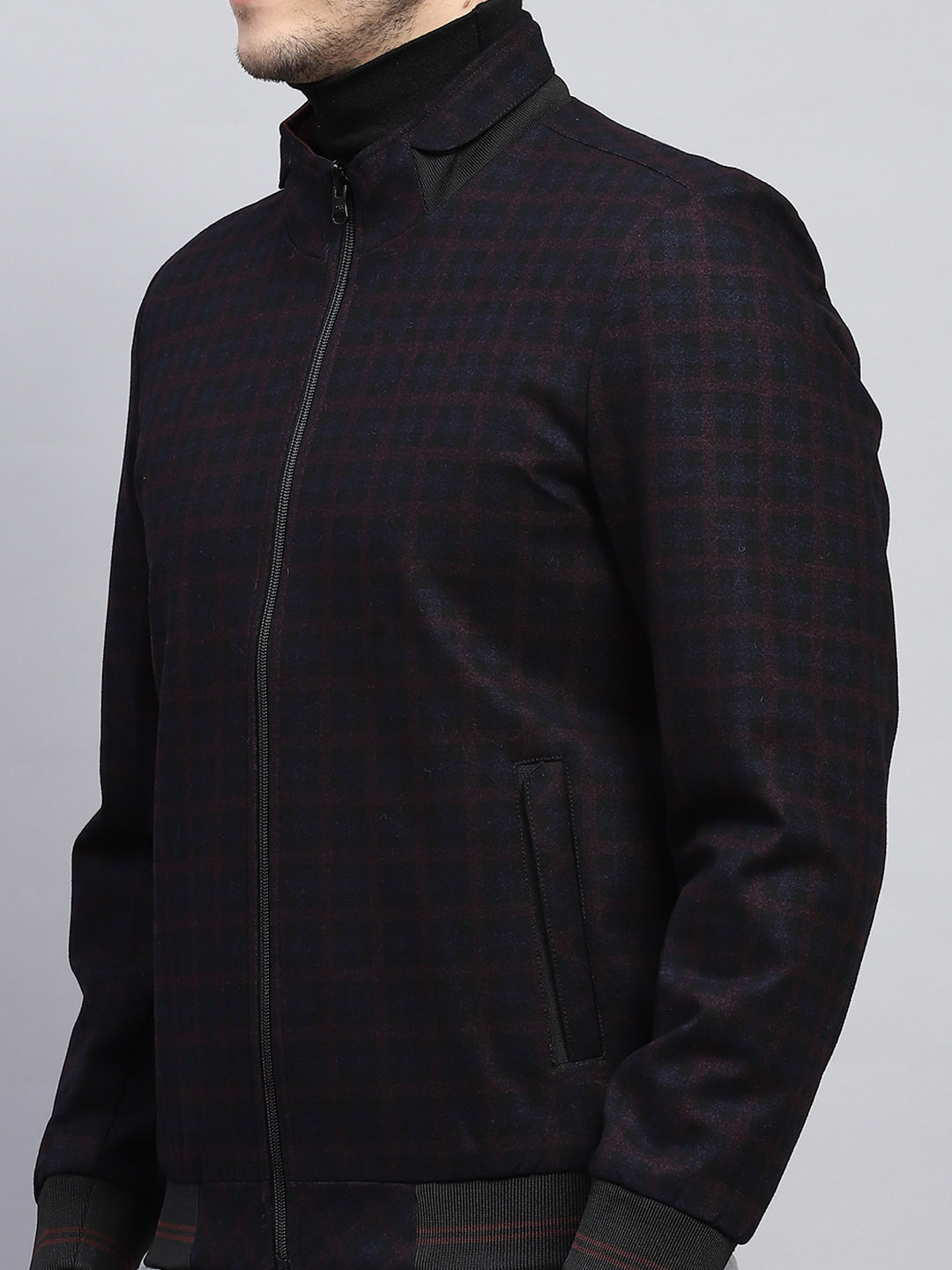 Buy Men Maroon Black Check Mock Neck Full Sleeve Jacket Online