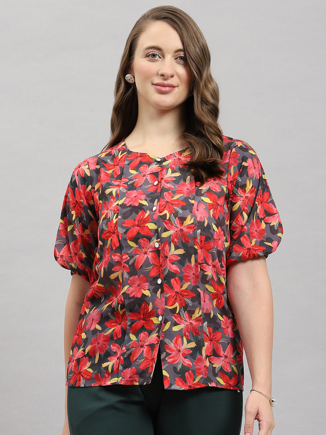 Women Grey & Red Printed Front Open 3/4th Sleeve Top