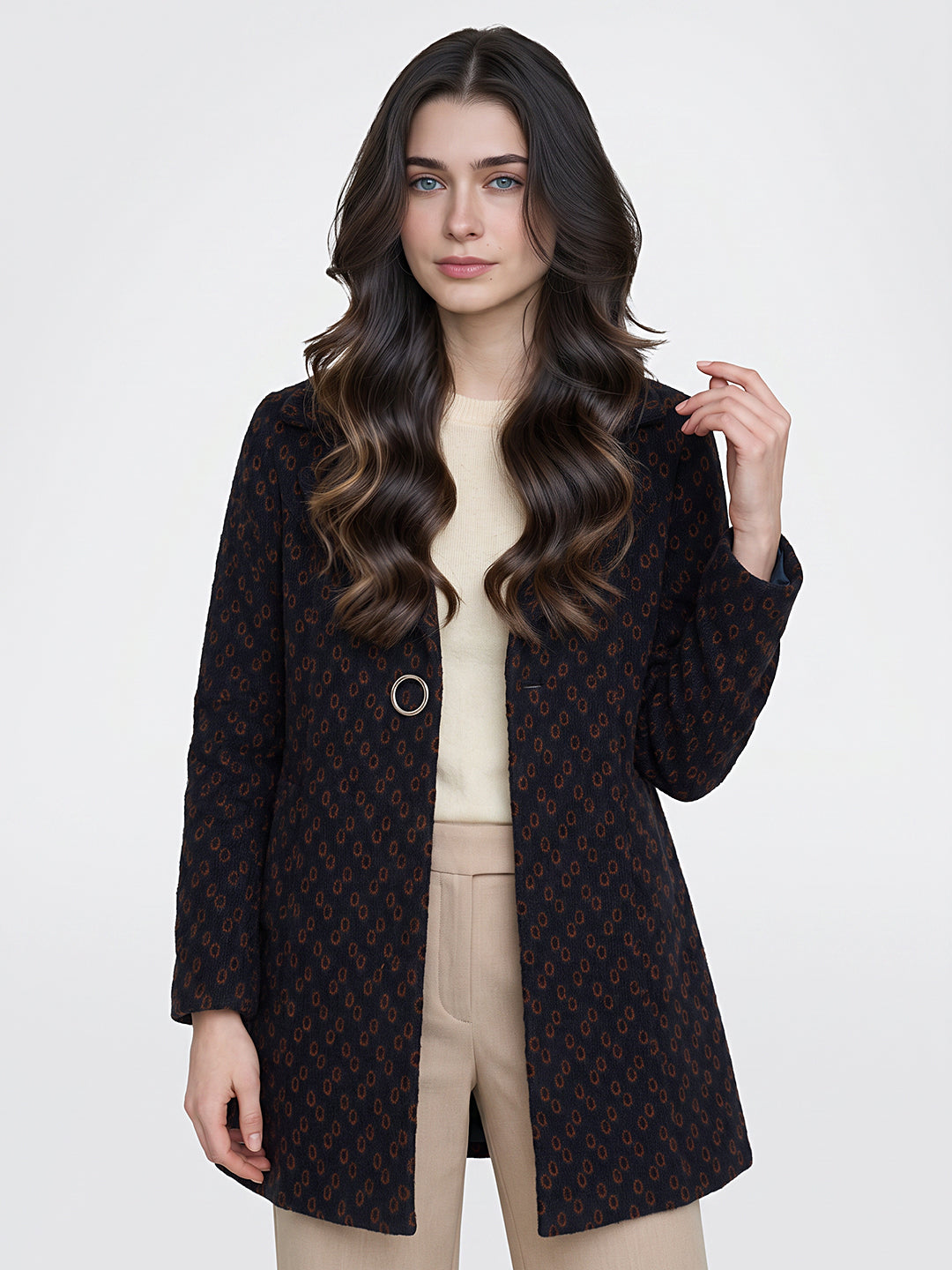 Women Blue Jacquard Lapel Collar Full Sleeve Long Coat