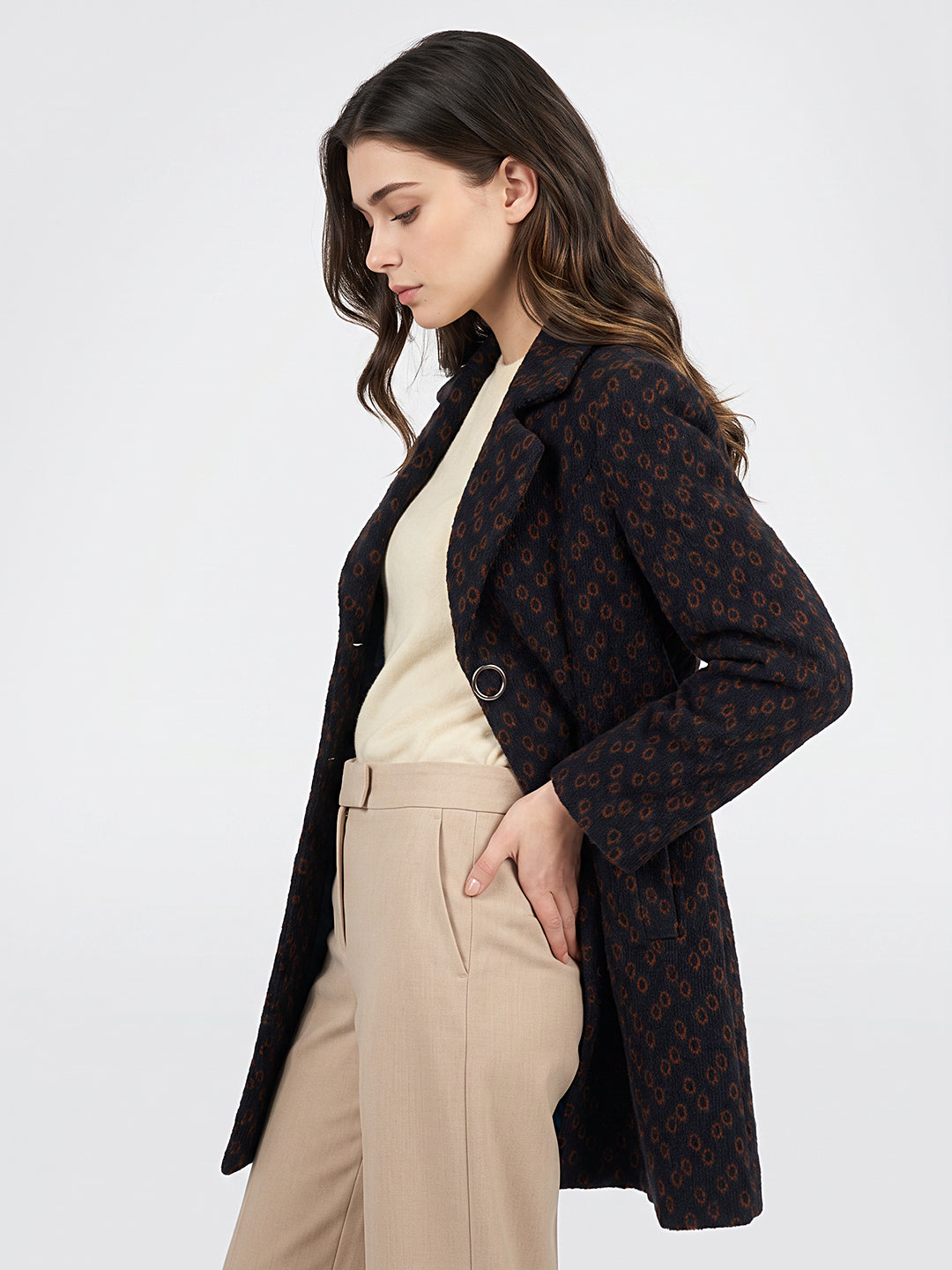 Women Blue Jacquard Lapel Collar Full Sleeve Long Coat
