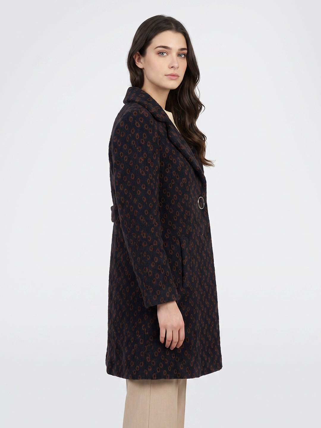 Women Blue Jacquard Lapel Collar Full Sleeve Long Coat
