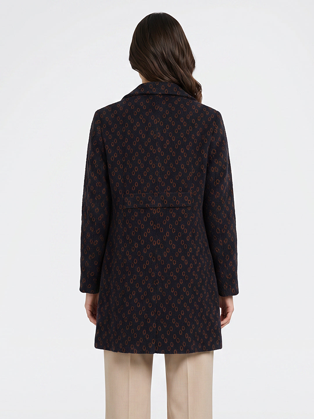 Women Blue Jacquard Lapel Collar Full Sleeve Long Coat