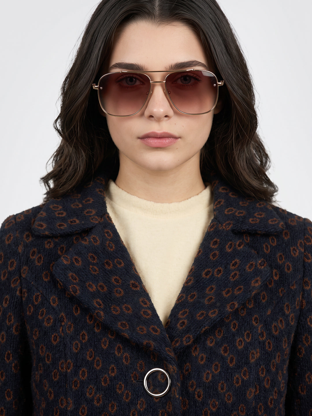 Women Blue Jacquard Lapel Collar Full Sleeve Long Coat