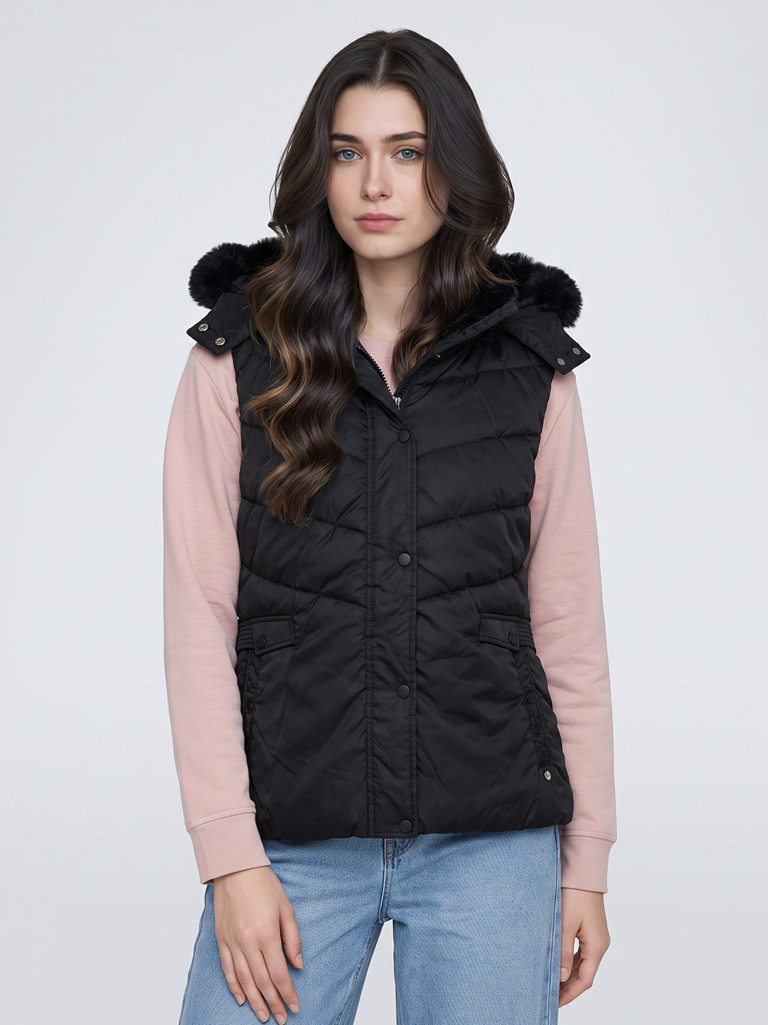 Women Black Solid Detachable Hood Sleeveless Parka Jacket