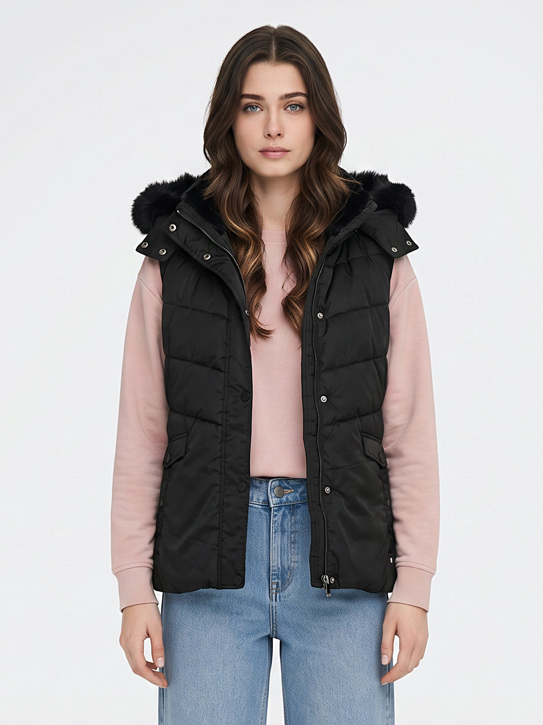 Women Black Solid Detachable Hood Sleeveless Parka Jacket