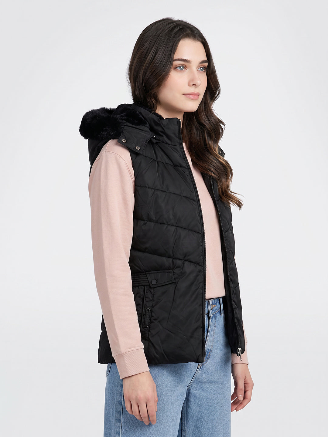 Women Black Solid Detachable Hood Sleeveless Parka Jacket