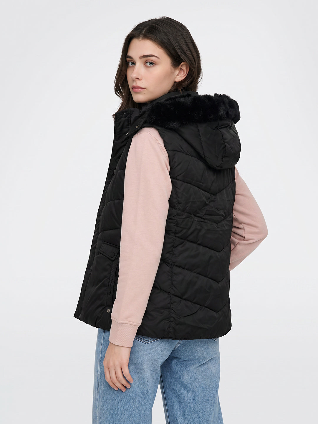 Women Black Solid Detachable Hood Sleeveless Parka Jacket