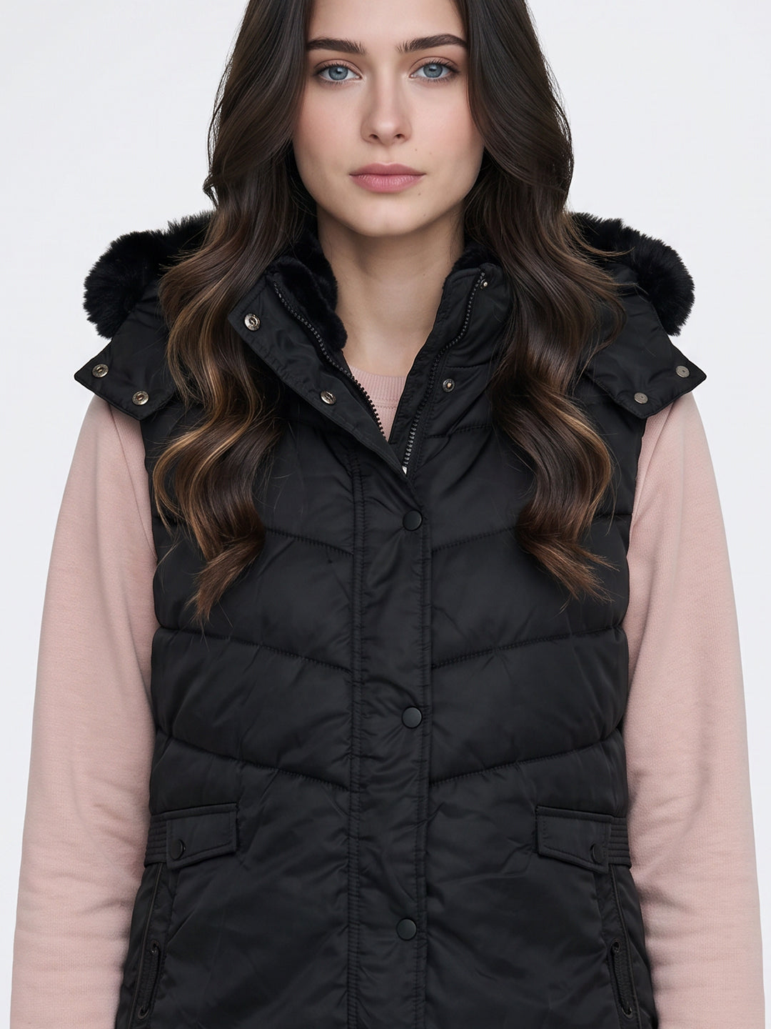 Women Black Solid Detachable Hood Sleeveless Parka Jacket