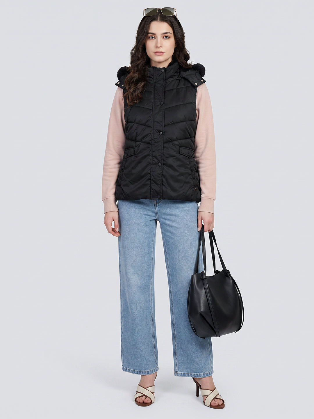 Women Black Solid Detachable Hood Sleeveless Parka Jacket
