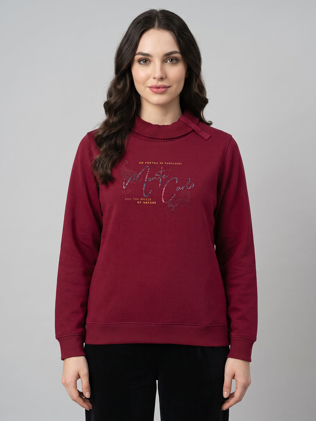 Women Maroon Printed Turtle Neck Full Sleeve Sweatshirt