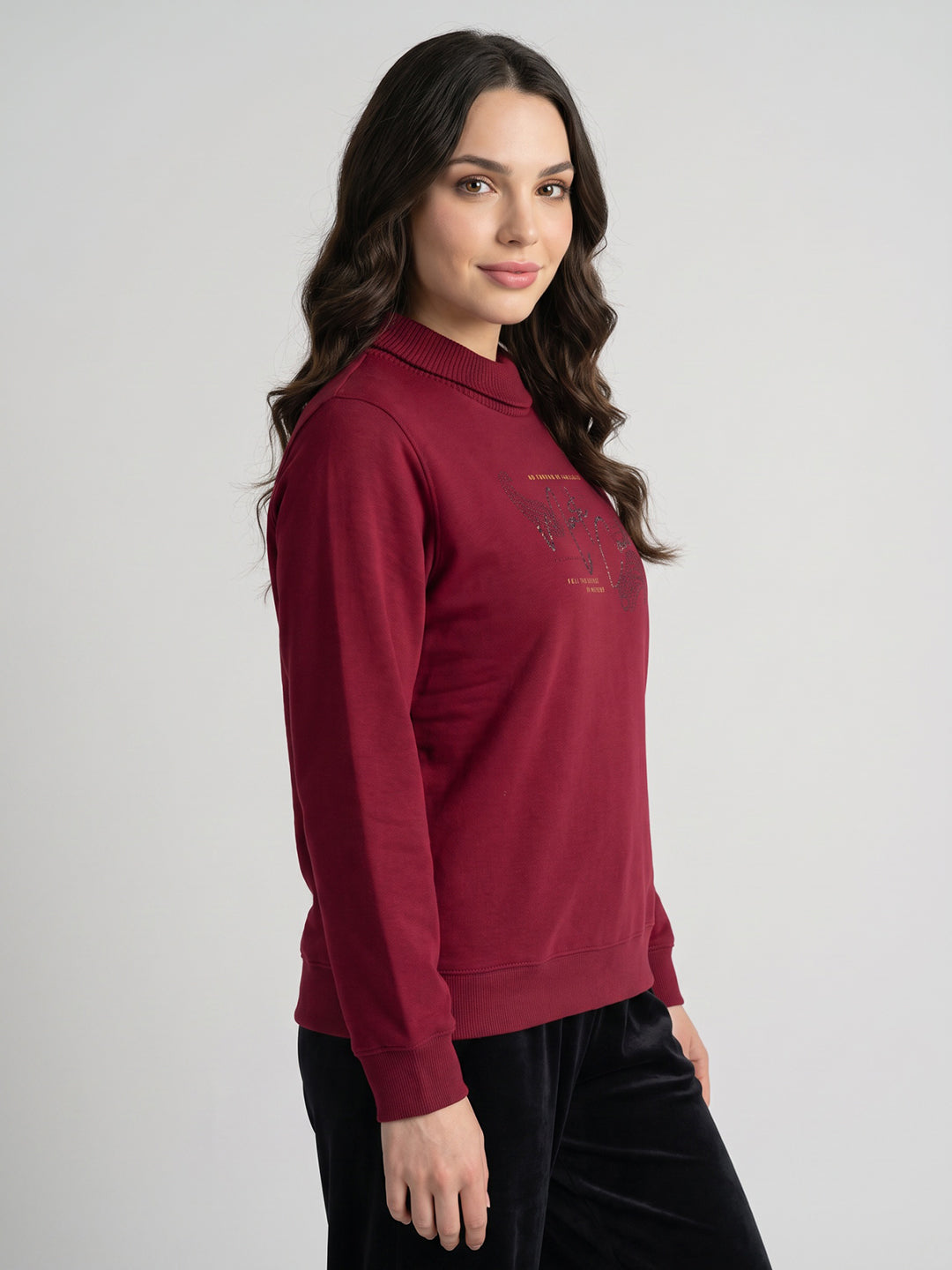 Women Maroon Printed Turtle Neck Full Sleeve Sweatshirt