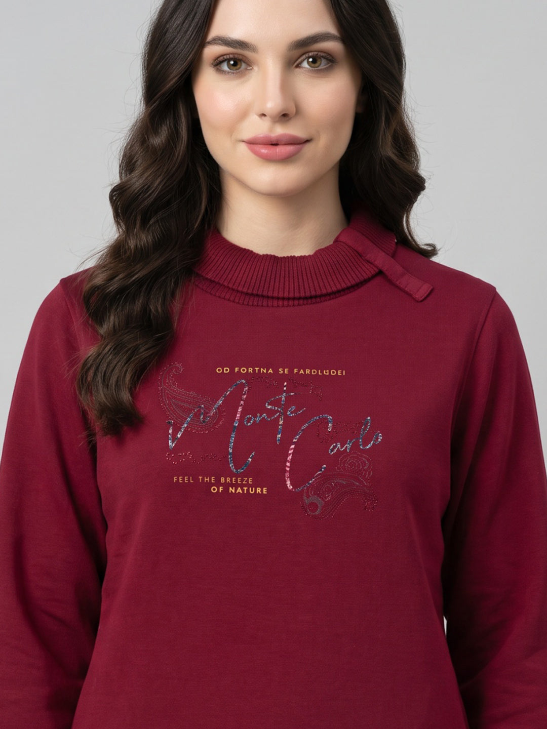 Women Maroon Printed Turtle Neck Full Sleeve Sweatshirt