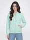 Women Aqua Blue Printed Hooded Full Sleeve Sweatshirt
