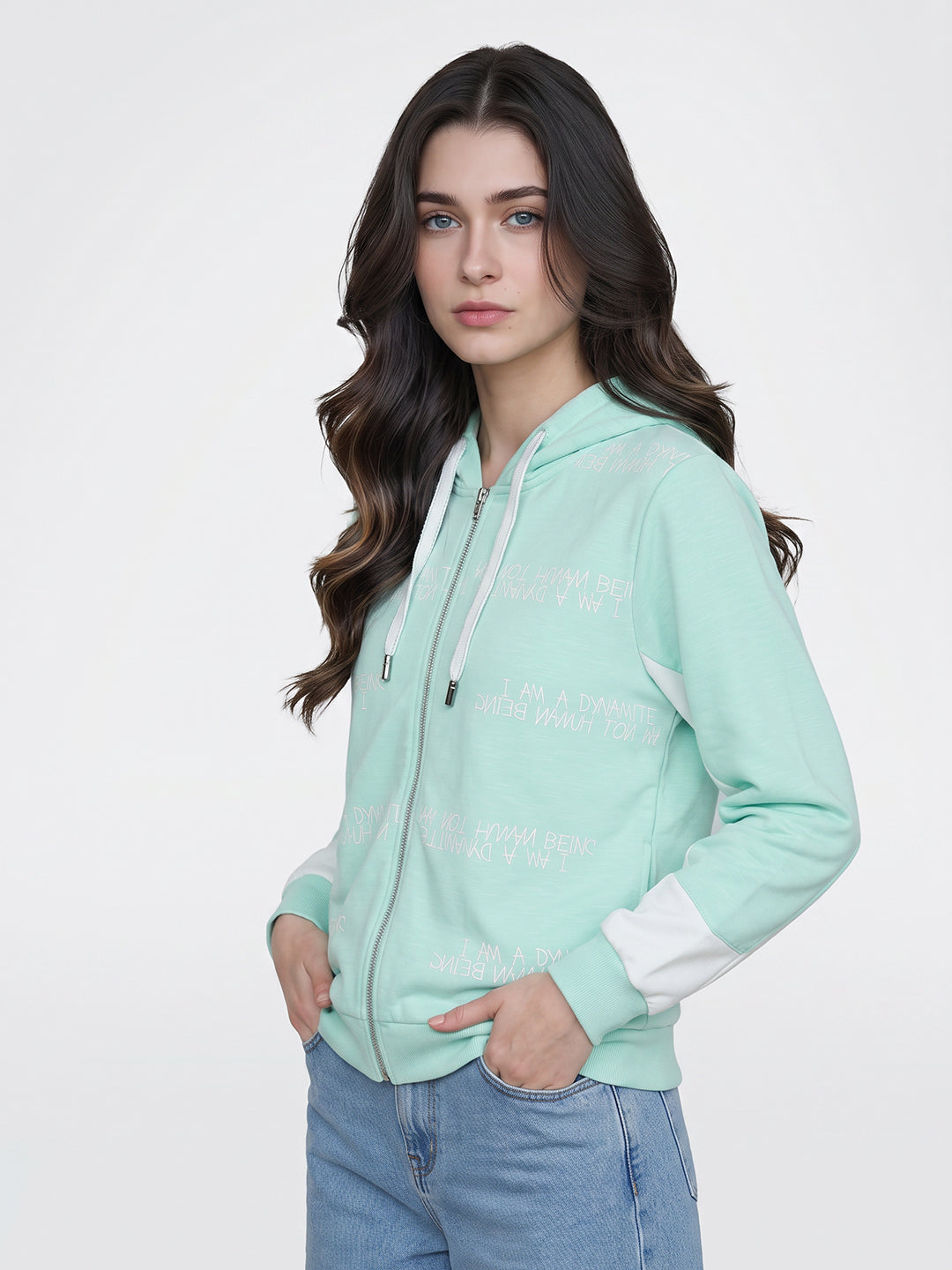Women Aqua Blue Printed Hooded Full Sleeve Sweatshirt