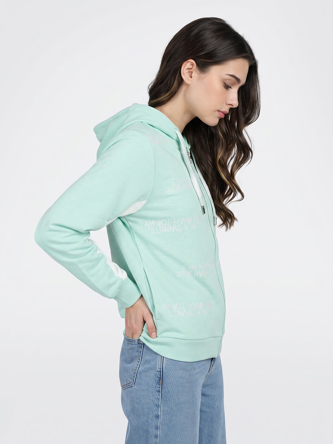 Women Aqua Blue Printed Hooded Full Sleeve Sweatshirt
