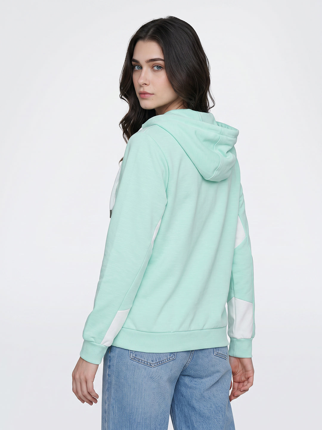 Women Aqua Blue Printed Hooded Full Sleeve Sweatshirt