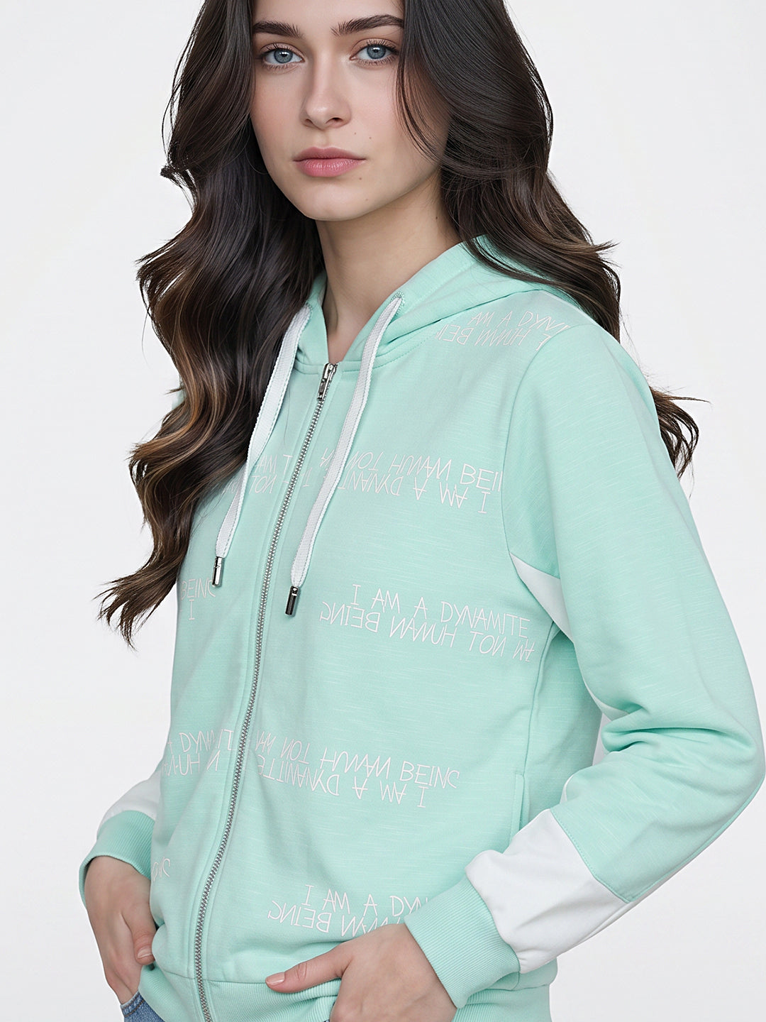 Women Aqua Blue Printed Hooded Full Sleeve Sweatshirt