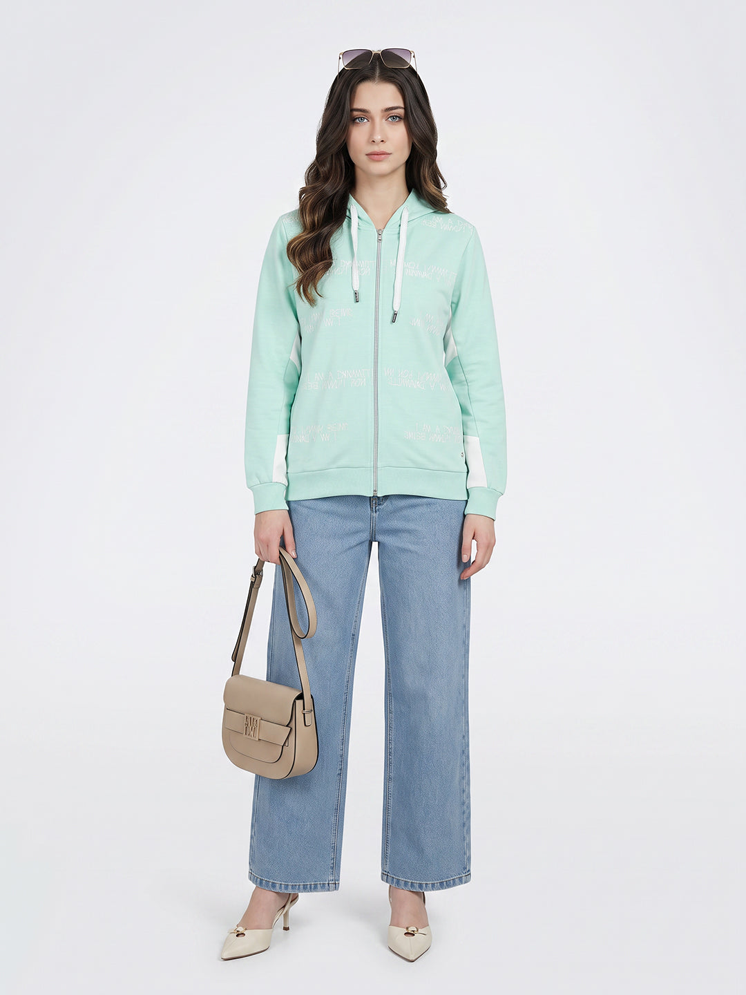 Women Aqua Blue Printed Hooded Full Sleeve Sweatshirt