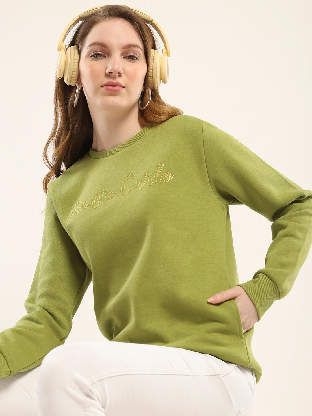 Women Olive Embroidered Round Neck Full Sleeve Sweatshirt