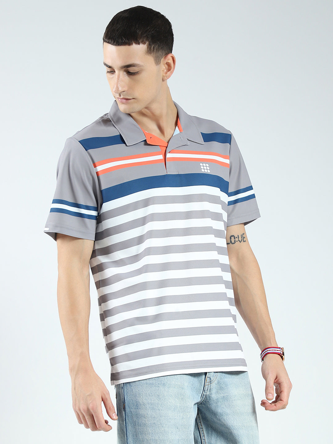 Rock.it Men Grey Stripe Collar Half Sleeve T-Shirt