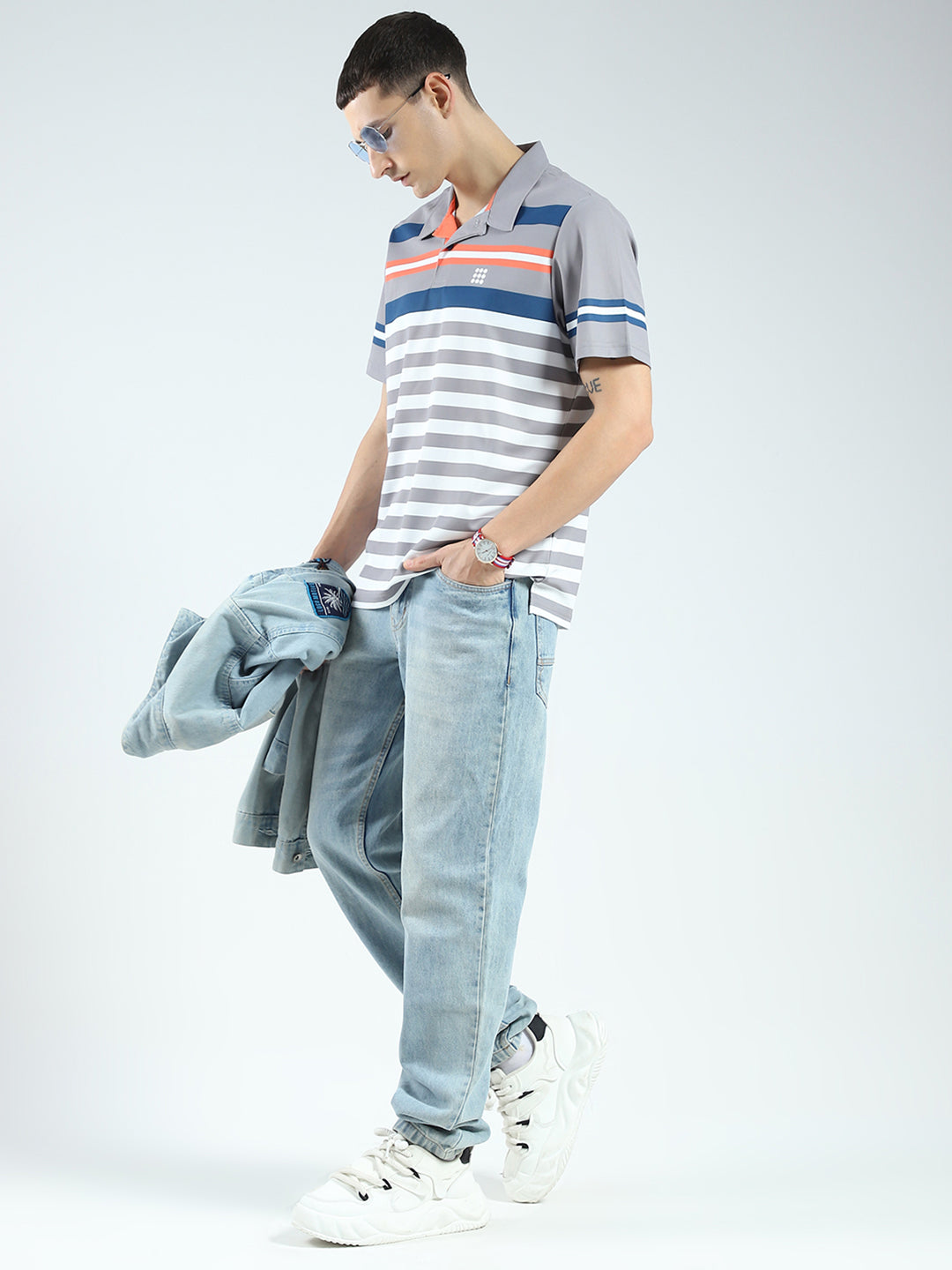 Rock.it Men Grey Stripe Collar Half Sleeve T-Shirt