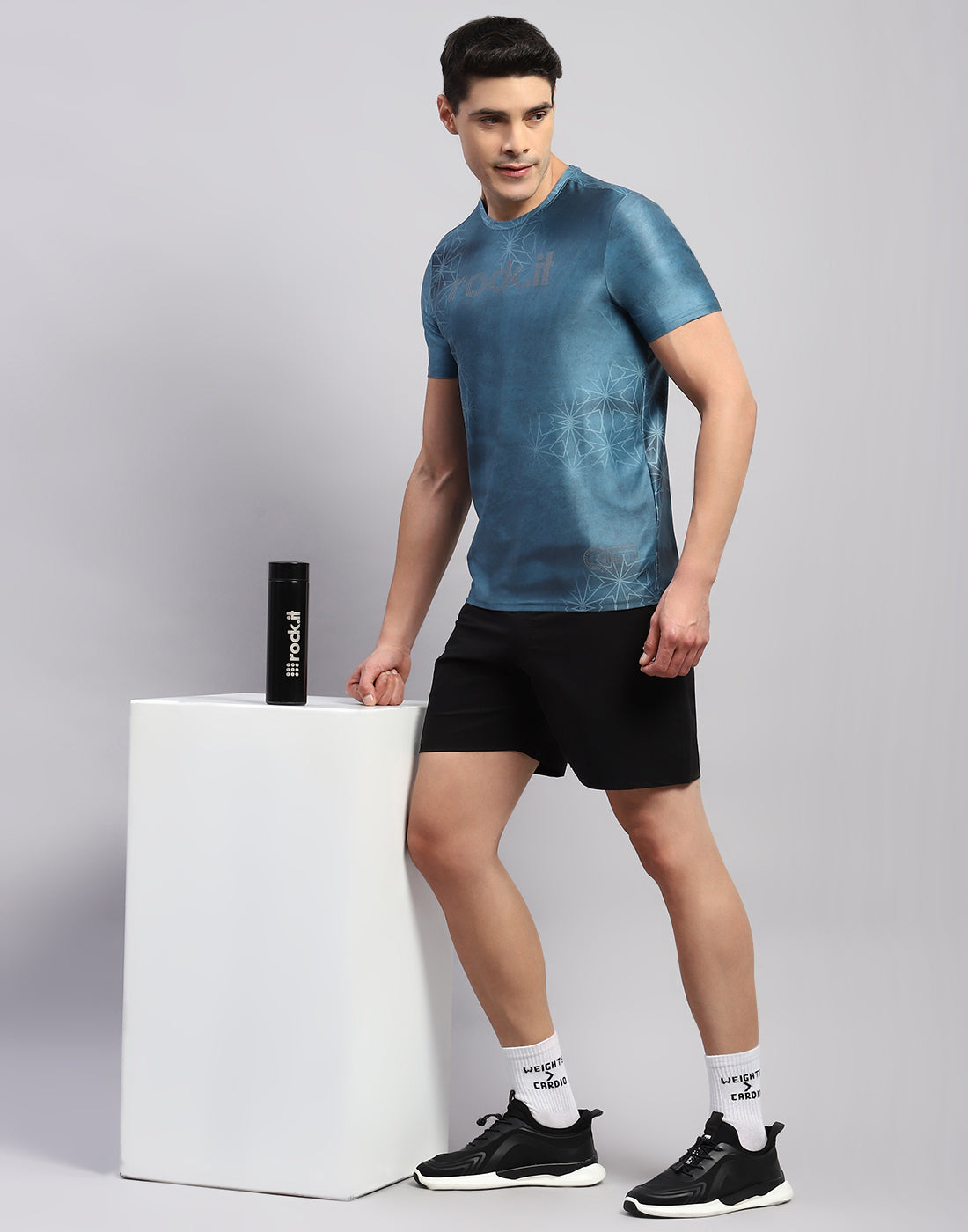 Rock.it Men Teal Blue Printed Round Neck Half Sleeve T-Shirt