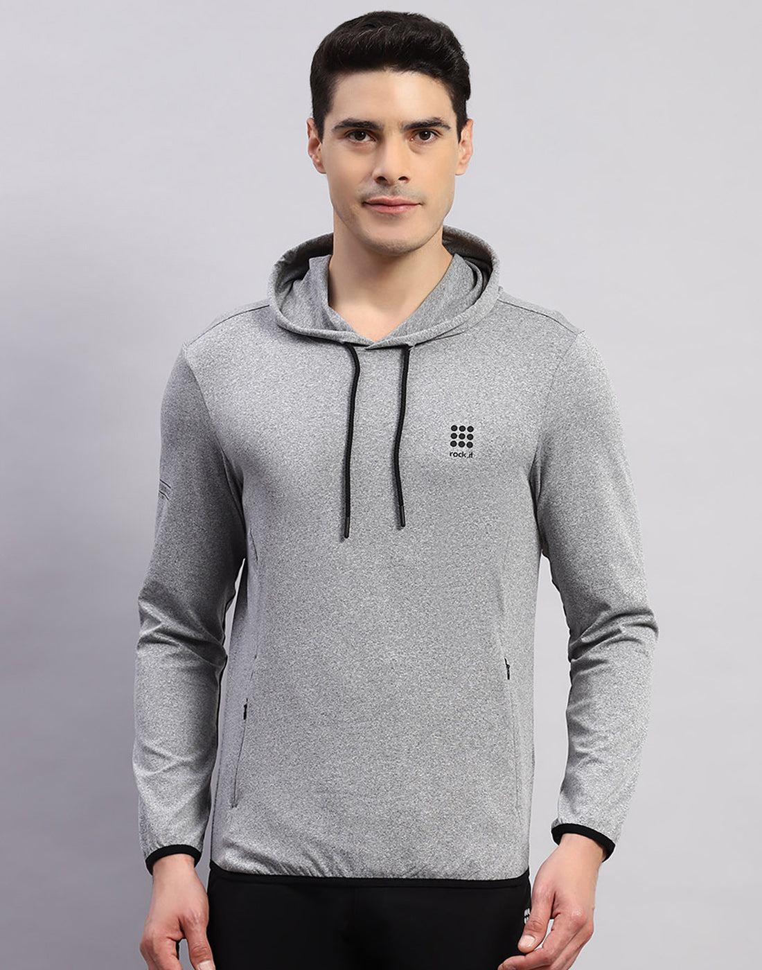 Rock.it Men Grey Solid Hooded Full Sleeve T-Shirt