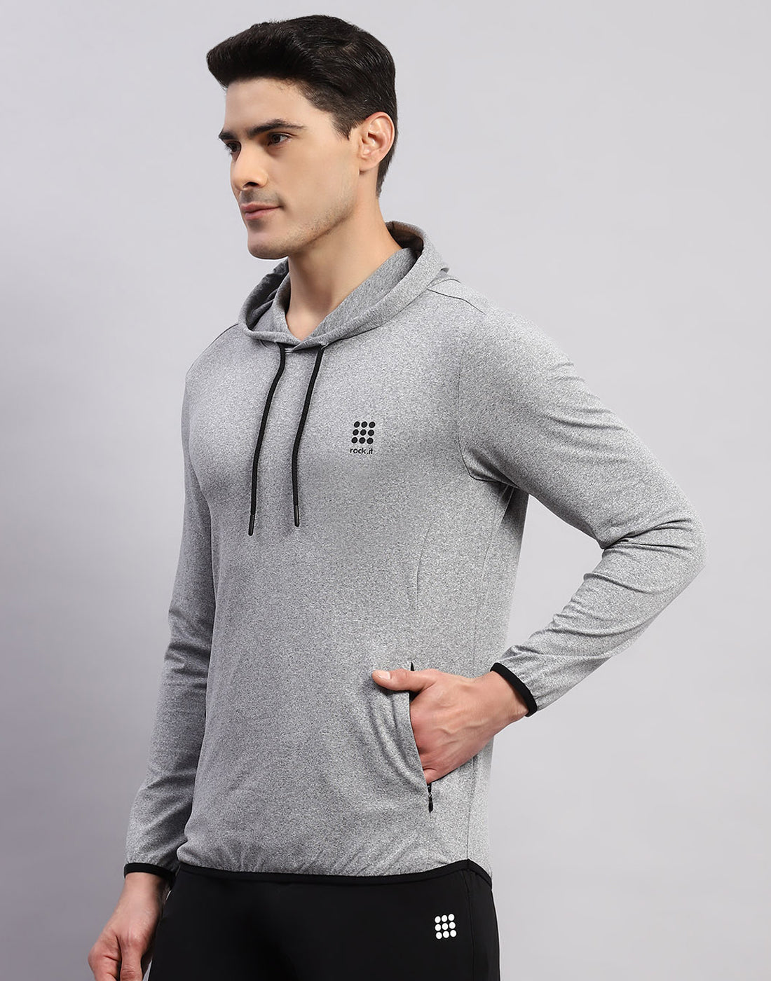 Rock.it Men Grey Solid Hooded Full Sleeve T-Shirt